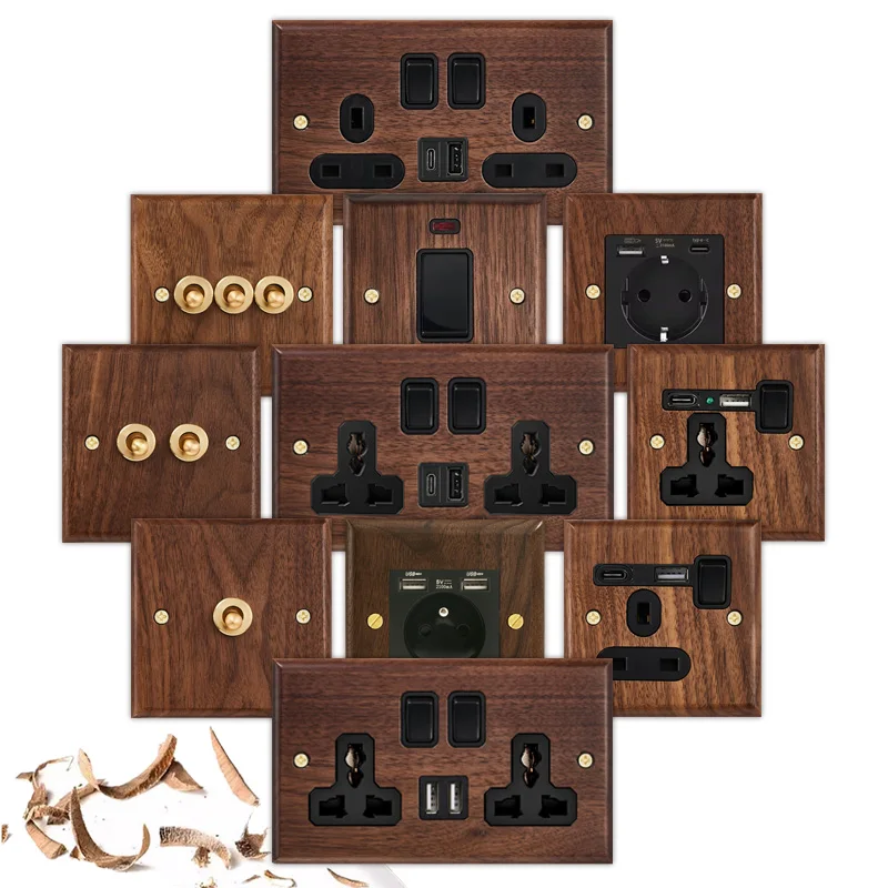 

Black walnut retro European retro wall lamp switch socket, solid wood brass toggle switch board 1-4Gang 2Way antique home switch