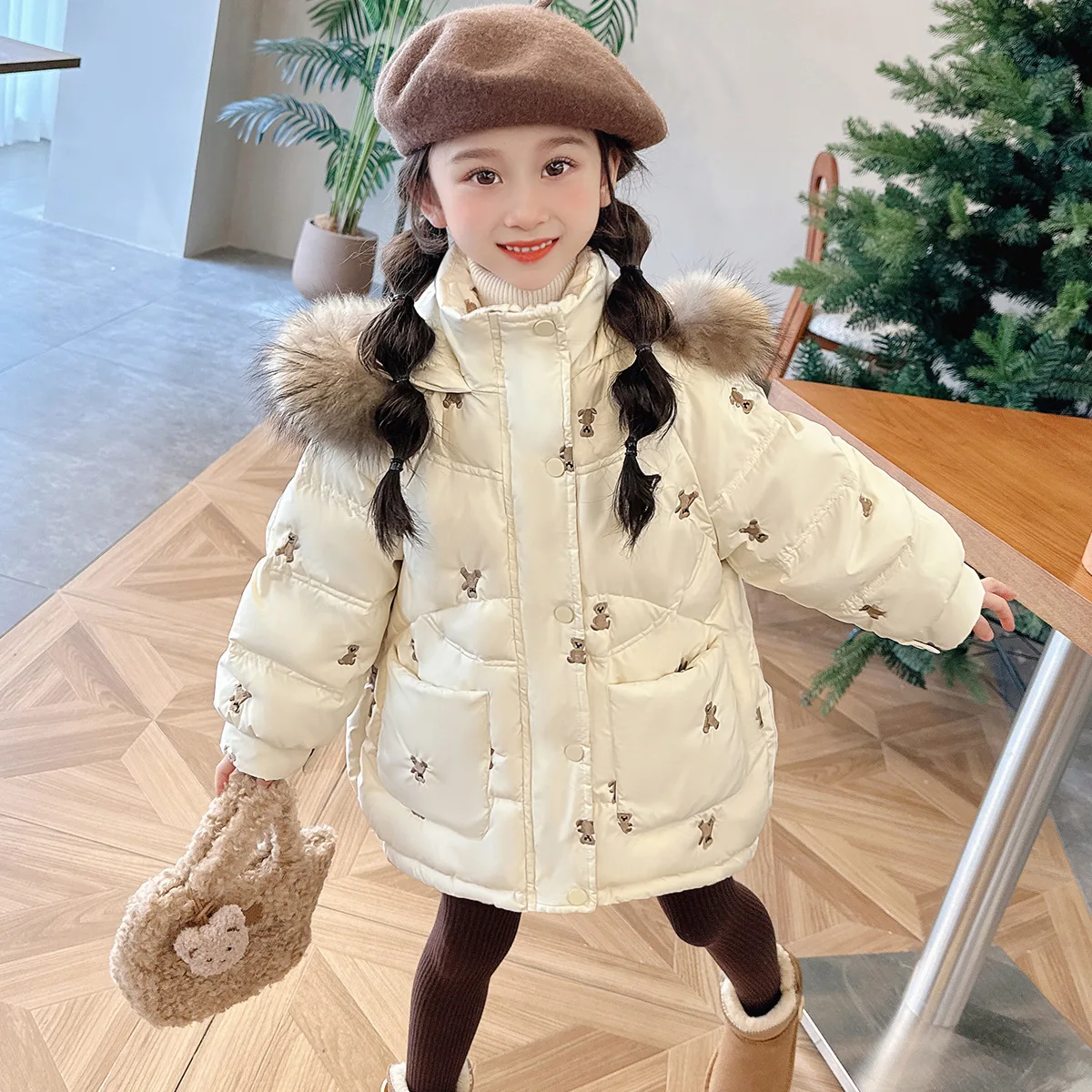 2024 Winter Girls Fashion Fur Hooded  Thick Warm Embroidery Bear Parkas Kids Casual Coat Outerwear 100-150cm