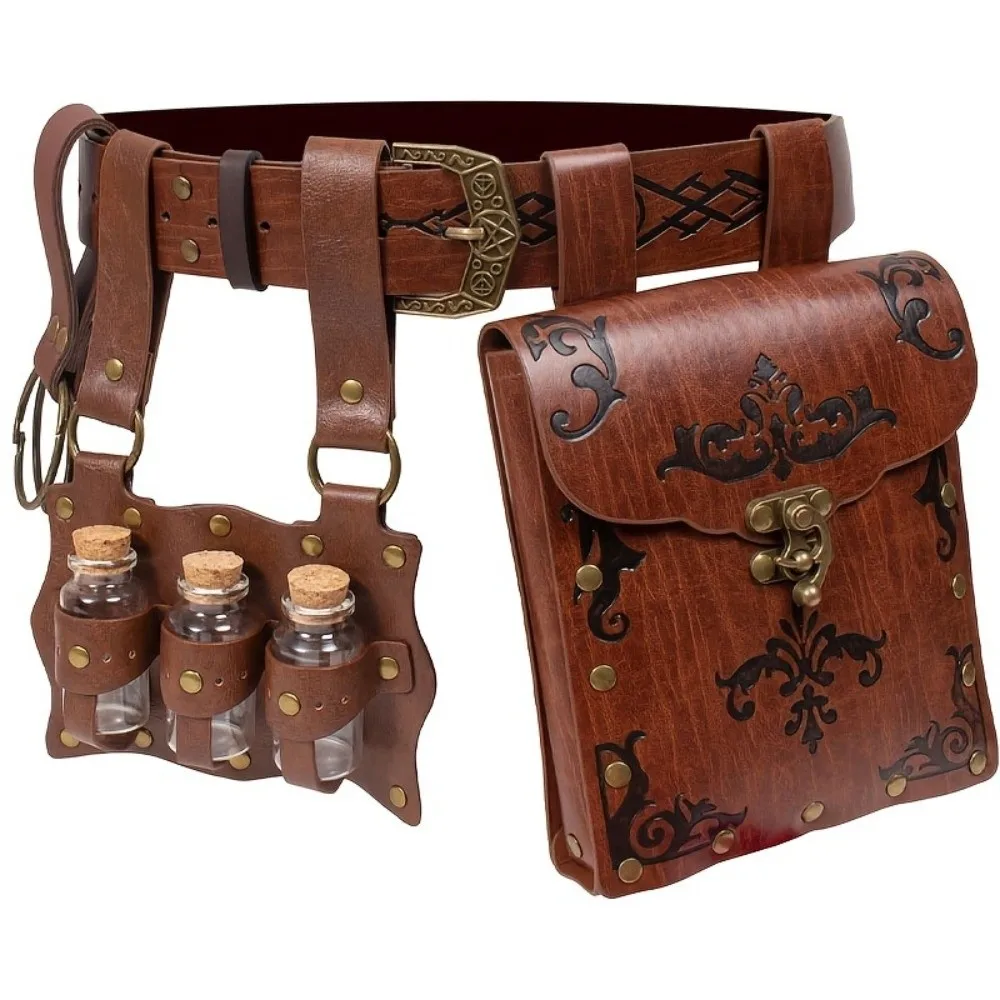 2/3/4pcs Embossed Medieval Wizard Cosplay Set Vintage with Potion Bottles Viking Renaissance Waistband Fantasy Knight