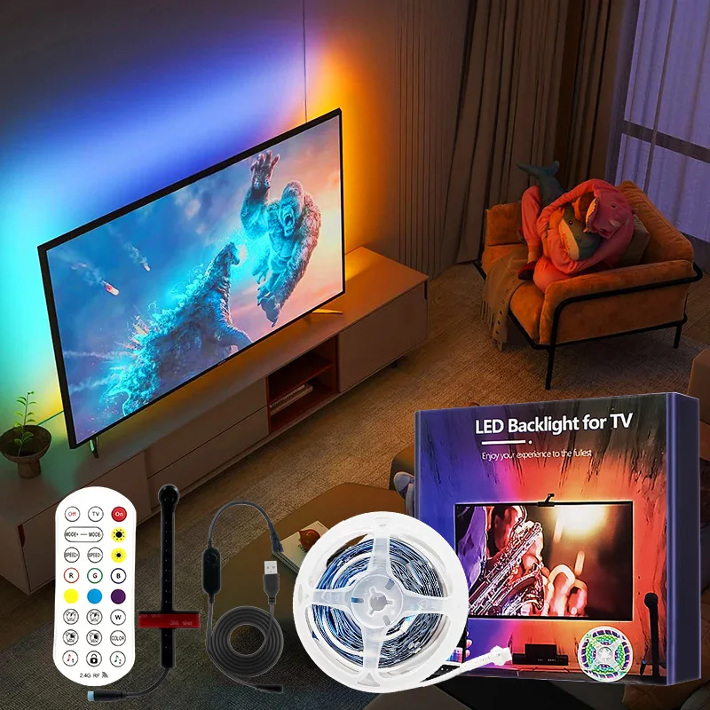 Lampu setrip Led Tv 5V Usb Rgbic, lampu latar Led dengan kamera 3.8M 5M aplikasi layar pencahayaan pintar sinkronisasi warna lampu Game