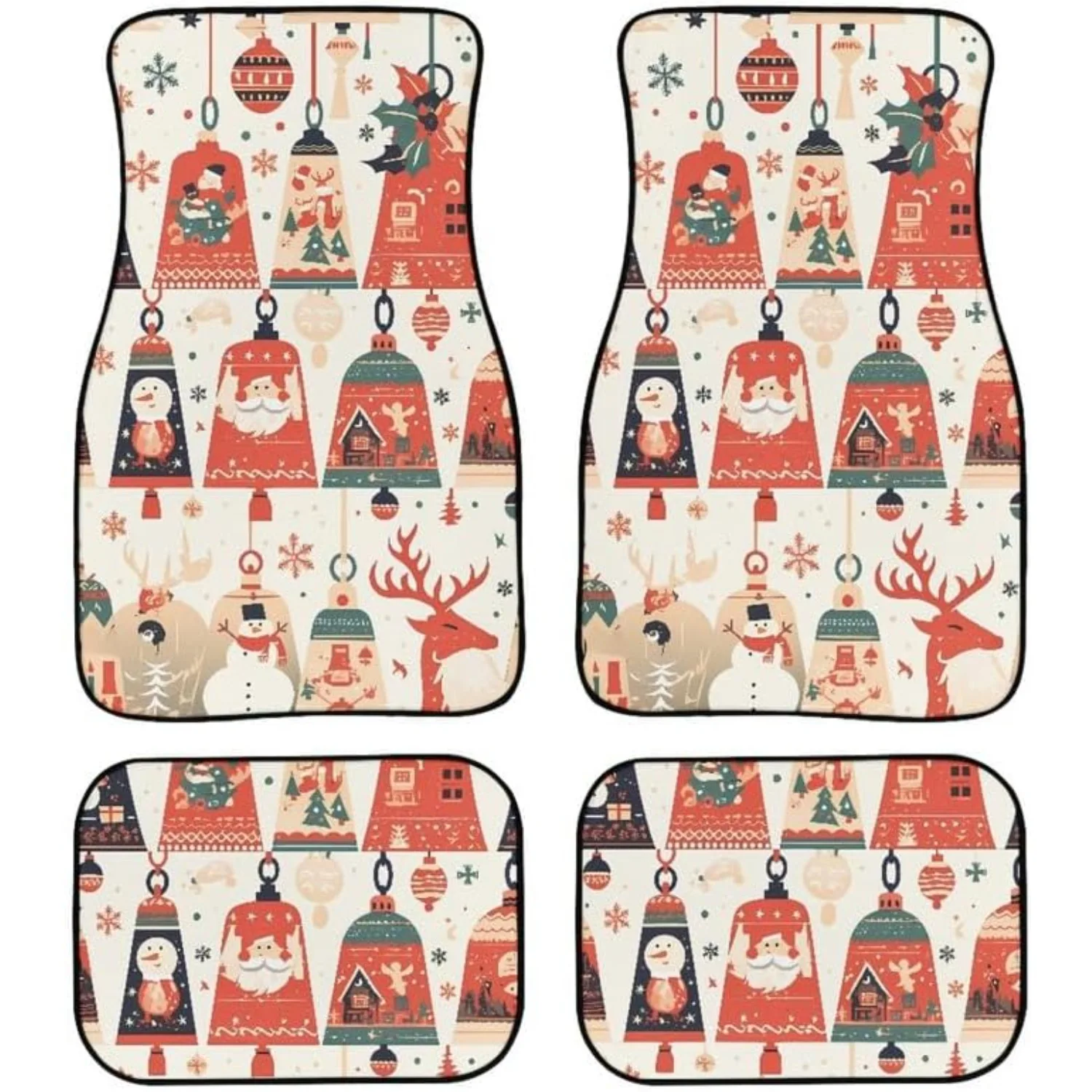 Christmas Santa Claus All Weather Carpet Vehicle Floor Mats- Xmas Tree Small Bell Print 4pcs Universal Fit Floor Mat Interior Ac