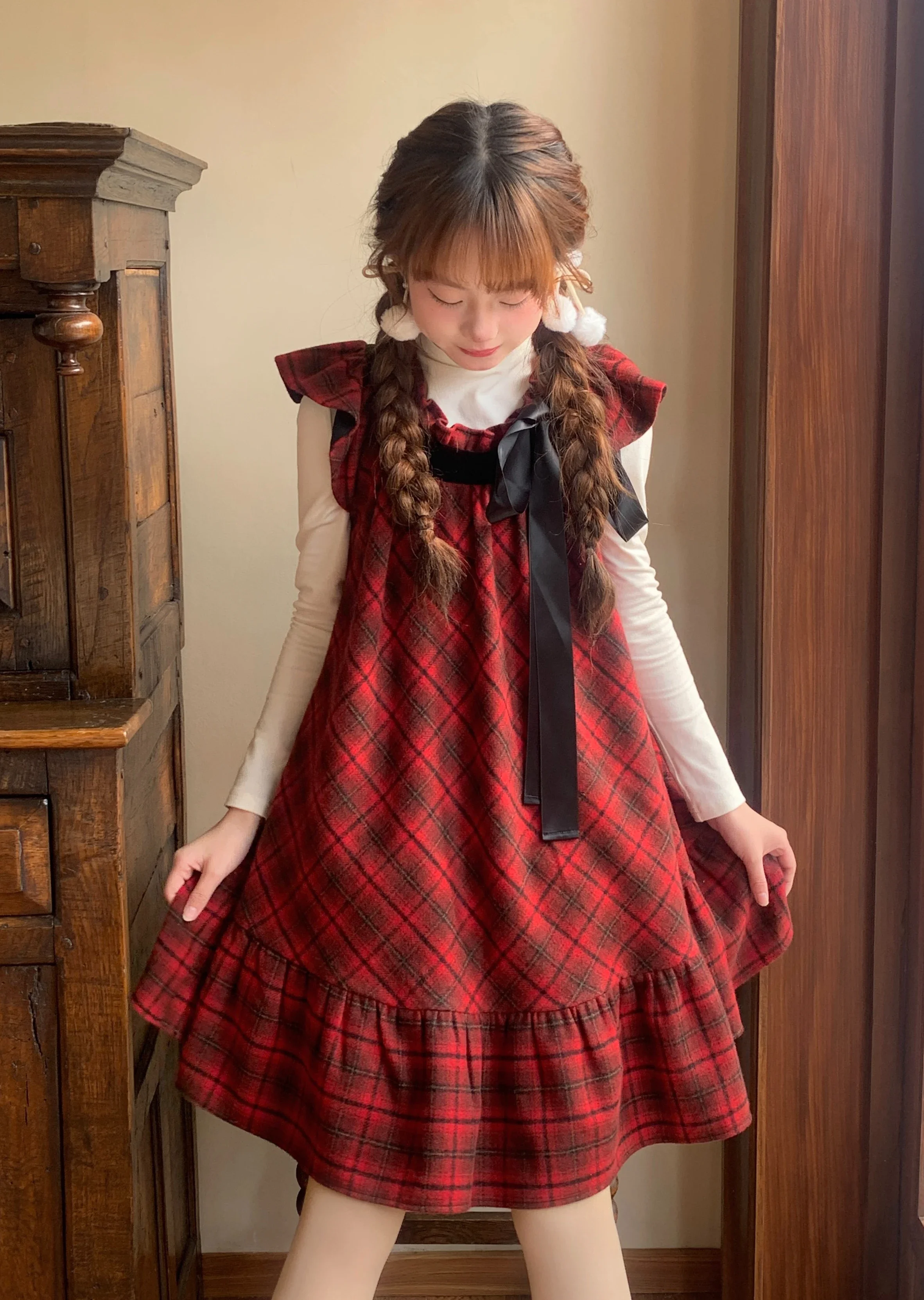 Coalfell Sweet Berry Cherry Red Checkered New Year's Robe Autumn/Winter Tank Top Skirt Round Neck Super Beautiful Dress