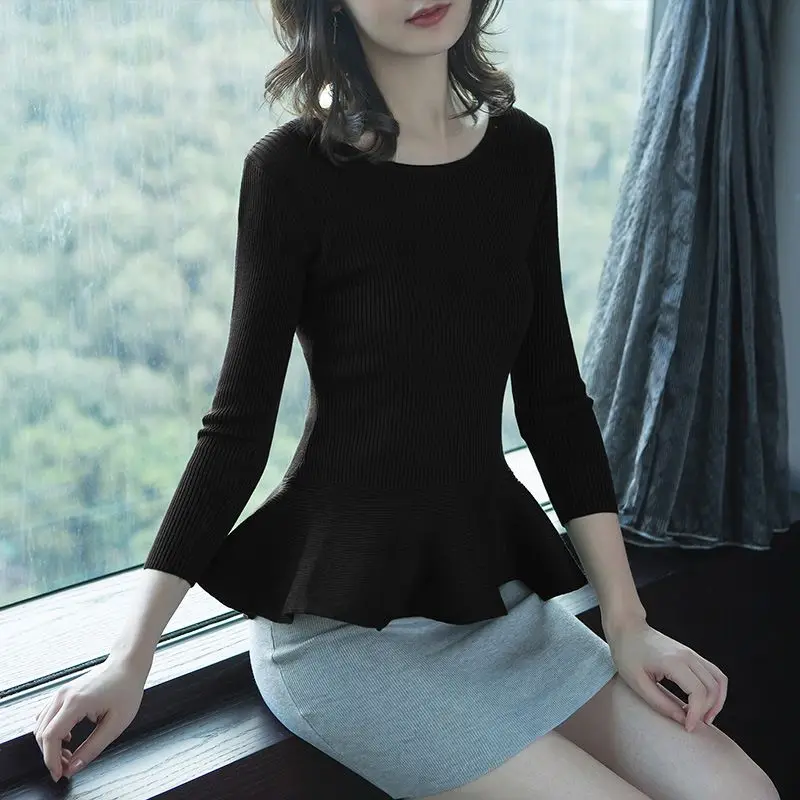 2024 Solid Pullovers Sweaters Women Long Sleeve Slim Bodysuit Peplum Tops Gray Green Black Red Ruffled Top Elegant Lady Sweater