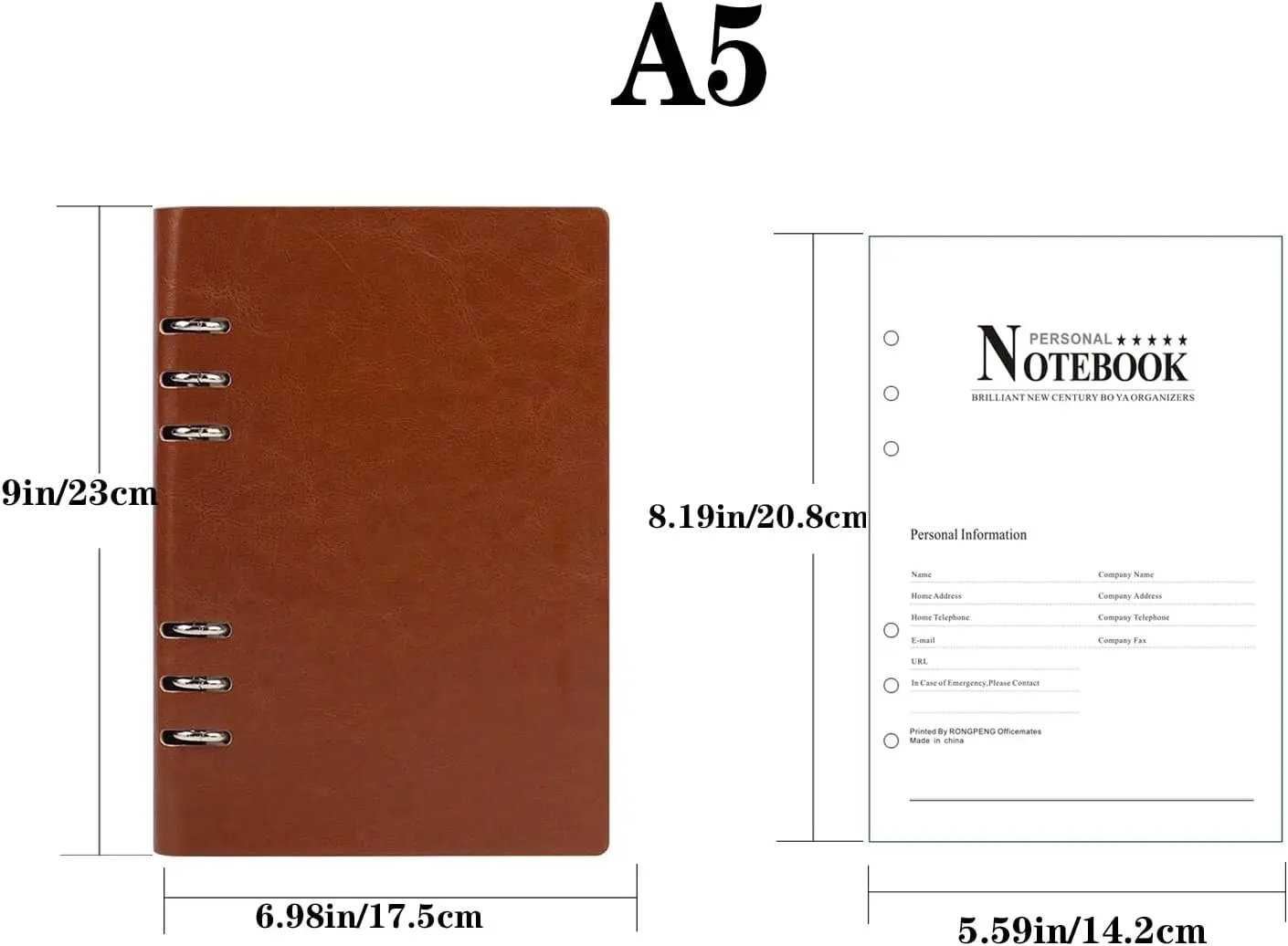 A5 Notebook PU Leather Cover Notebook， Loose Pocket Leather Refillable Notebook Binder Rings Journal Hard Cover Diary Bussiness