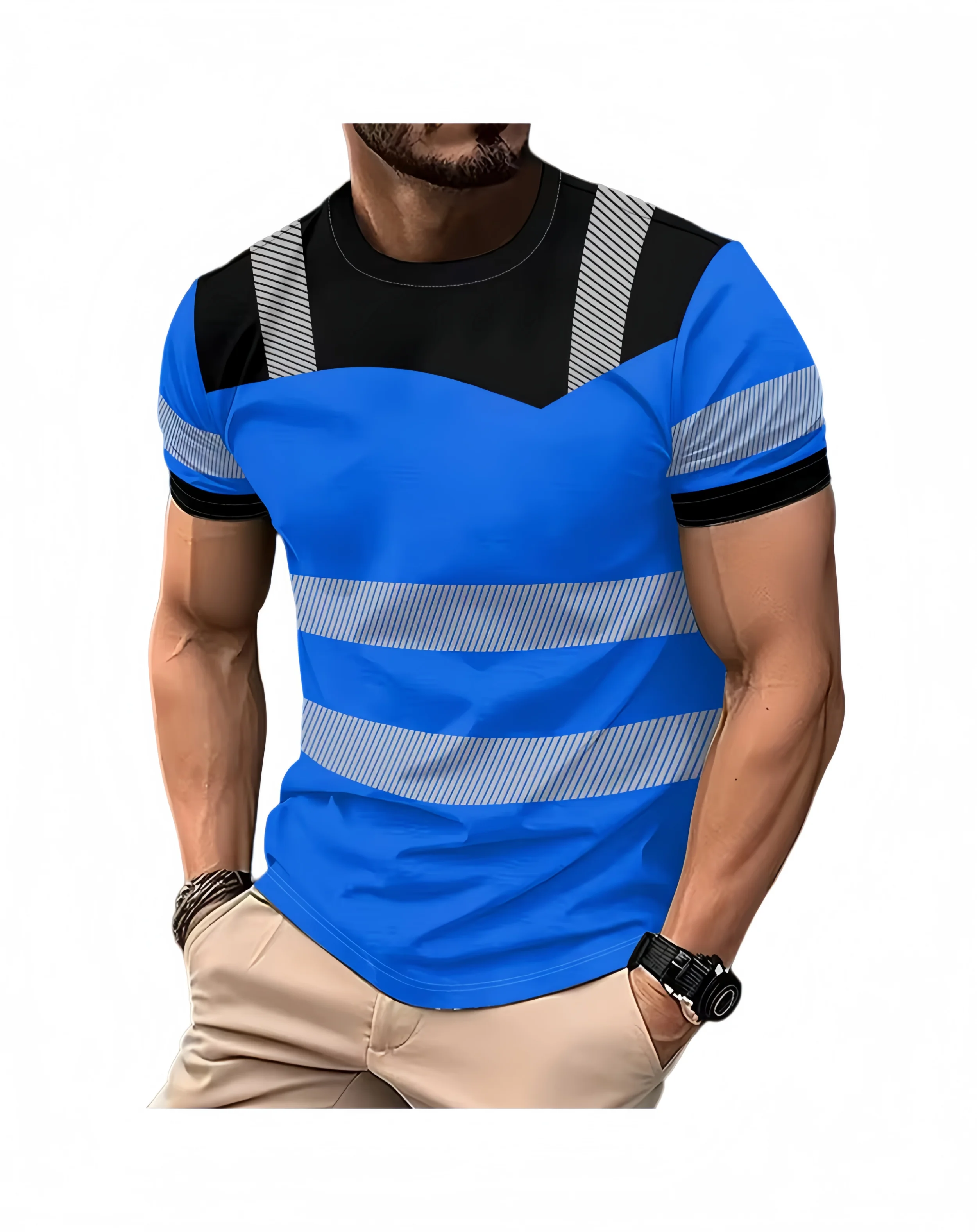 Men's short-sleeve 3D printed T-shirt, new safety logo, colour-block design, summer fashion casual workwear, men's T-shirt