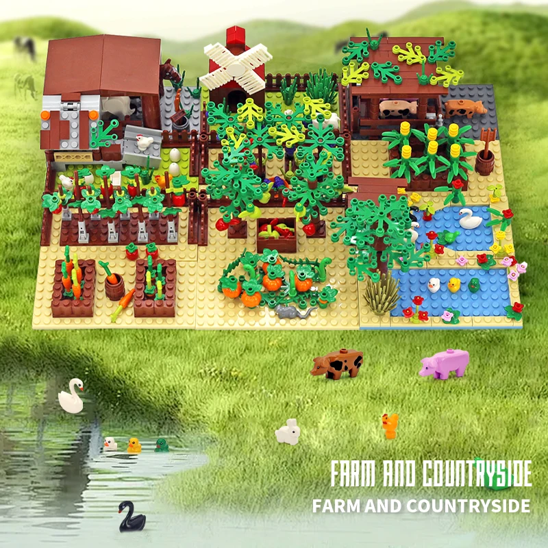MOC Farm Animals Trees Plants Building Blocks Toys Henhouse Blocks Toys for Children Gifts with Vegetables Fruits Bricks Parts