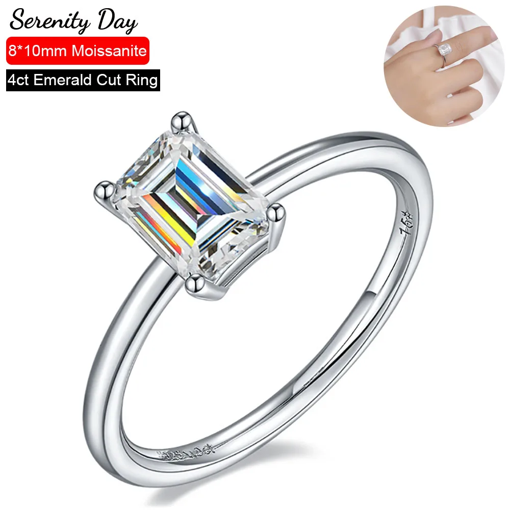 Serenty Day 4ct Real D Color 8*10mm Emerald/Radiant Cutting Moissanite Wedding Rings For Women S925 Sterling Silver Fine Jewelry