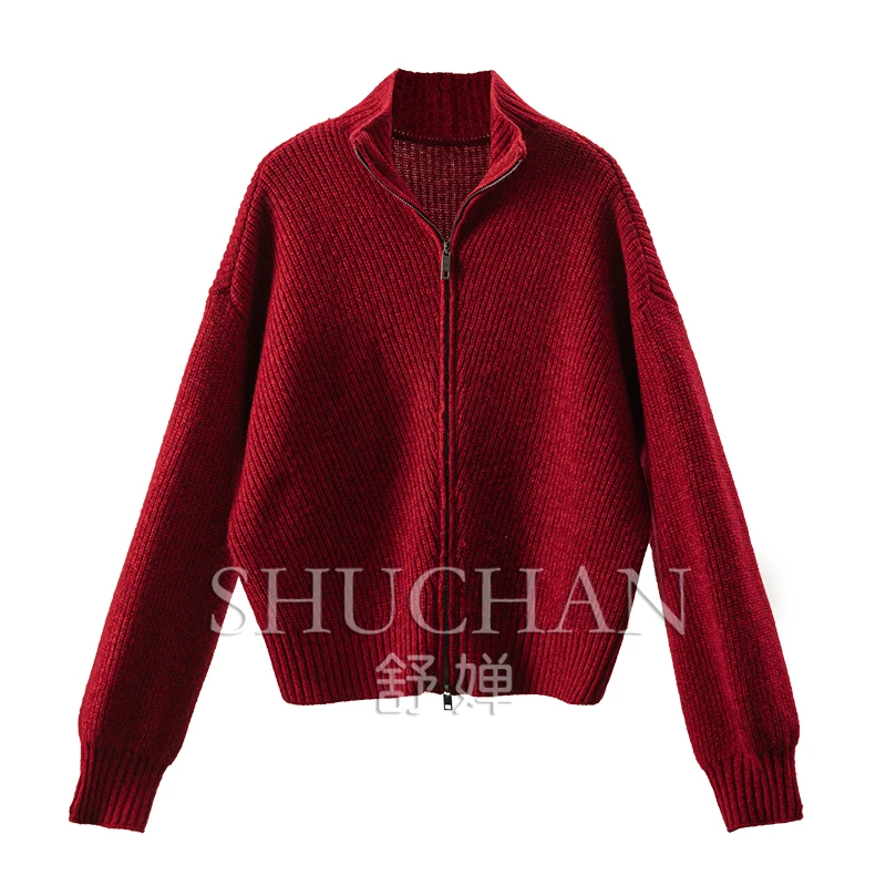 

Stand CollarFancy Yarn 100% Wool Double Head Zipper Sweater Cardigan Women Sueter Mujer Invierno 2024 Sweater Mujer