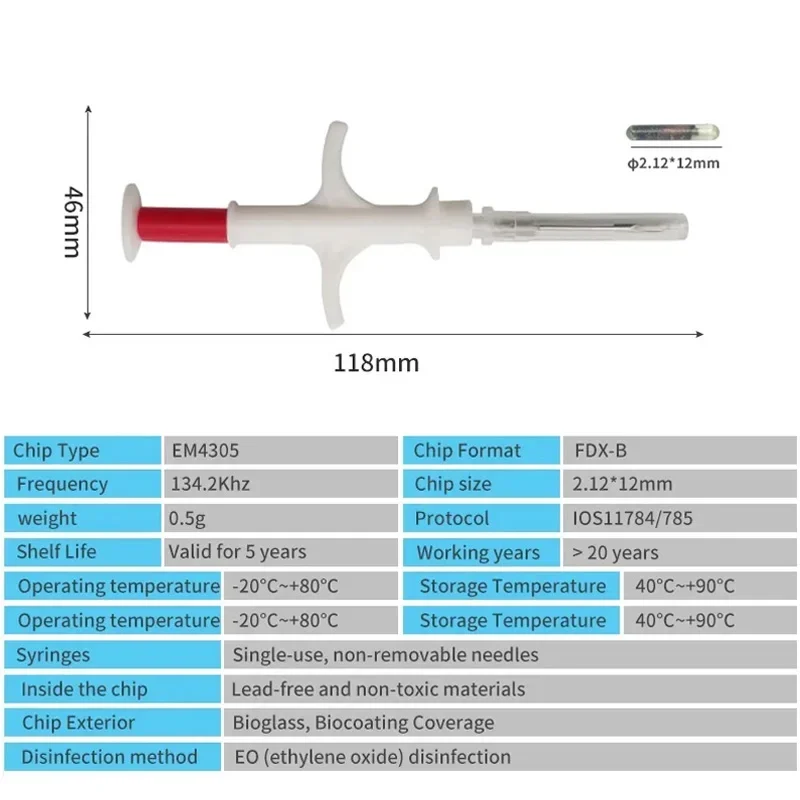 100pcs Pet Microchip 134.2KHz Animal Syringe EM4305 ID Chip ISO11784/11785 FDX-B Animal Injection Microchip For Dog Cat