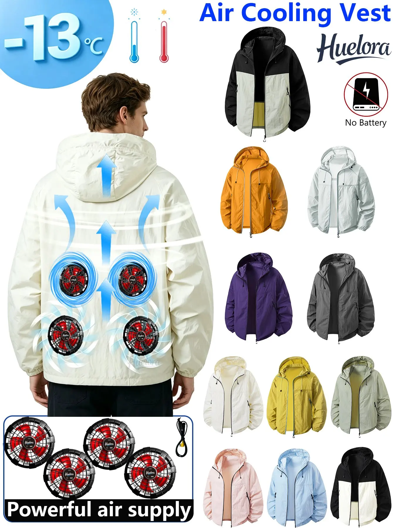 Unisex Hooded Air Cooling Jacket, 4-3-2 Back Built-in USB Powered Fans, Lightweight Windproof Sun Protection Coat,for Outdoor