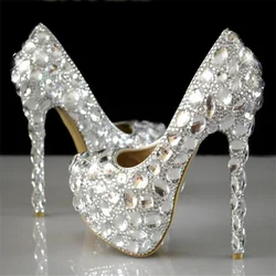 Women Rhinestones Pumps Shoes Super Flash Crystal Chaton Wedding Shoes White Bride Shoes Show Diamond High-heeled Shoes