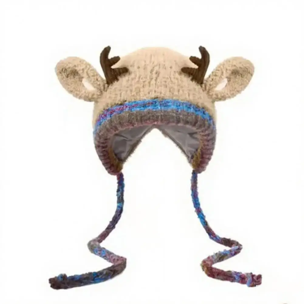 Christmas Antler Hat with Ear Protection Dual-Function Design Handmade Festive Knitted Winter Cap Handbag Holiday Decor