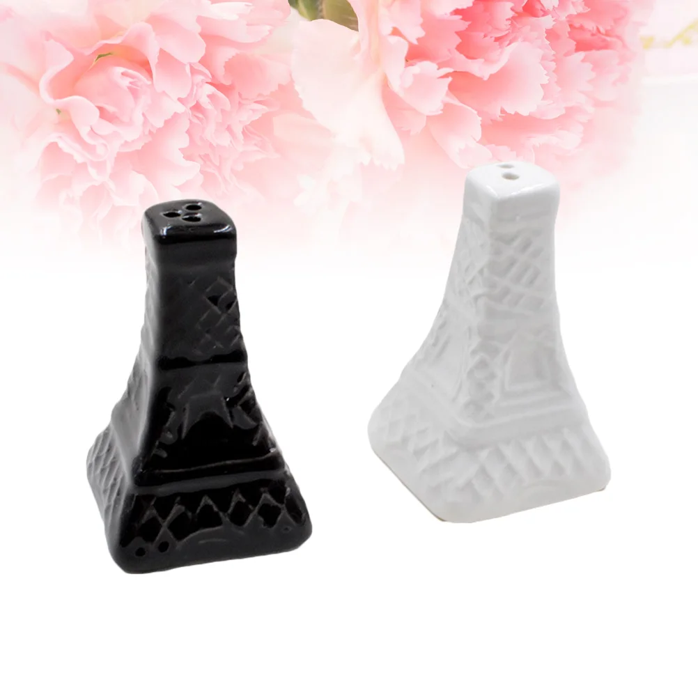 2pcs Vintage Eiffel Tower Salt Pepper Shaker Ceramic Spice Sauces Jar Condiment Bottles Wedding Souvenirs (Black and White)