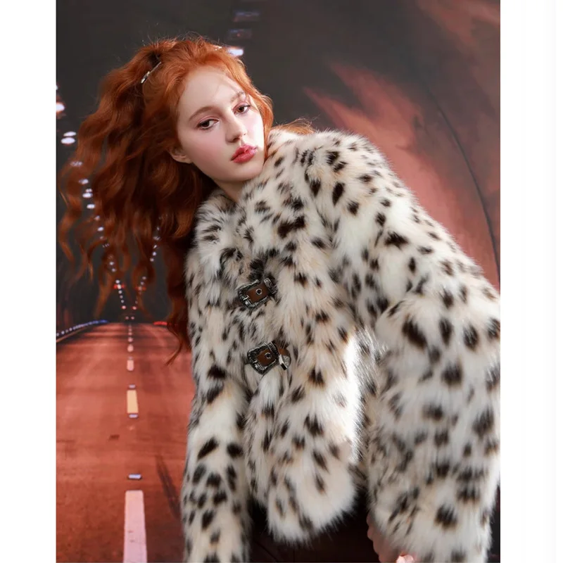 Women's Fur Coat  Coat  Lapel  Warm  Fur Coat  European and American  Casual  Leopard  Short  Locomotive Clothing  Comfortable