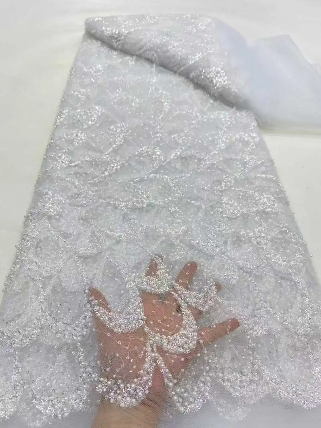 

African Nigeria High Quality Sequins Tulle Lace Fabric 2025 Embroidery Guipure Beads for Wedding Party Dress