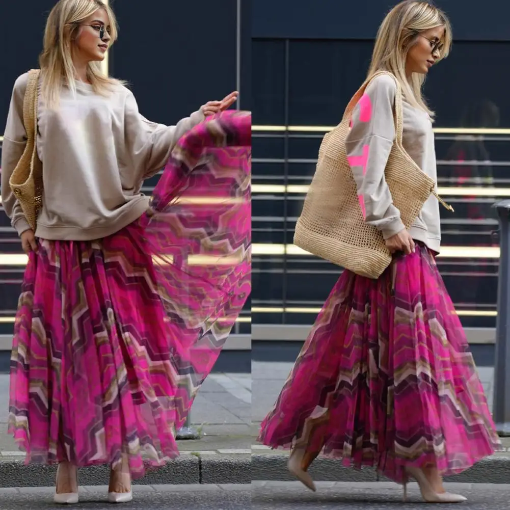 Printed Layered Skirt Elegant Wave Printed Maxi Skirt with Elastic Waist Multi-layered Hem Oversized Long for Women for Women