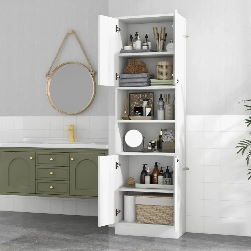 75 inch high bathroom storage cabinet, bathroom floor cabinet with 4 doors and 2 open shelves, 4 anti tipping devices