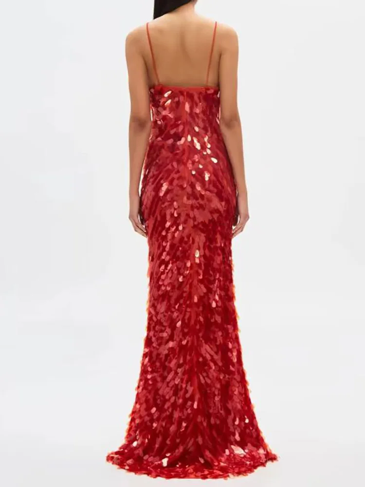 V-Neck Hollow Out Zipper Maxi Dress, Women Spring Sleeveless Sequined Party Dress, Backless Red Color Ladies Dress Streetwear