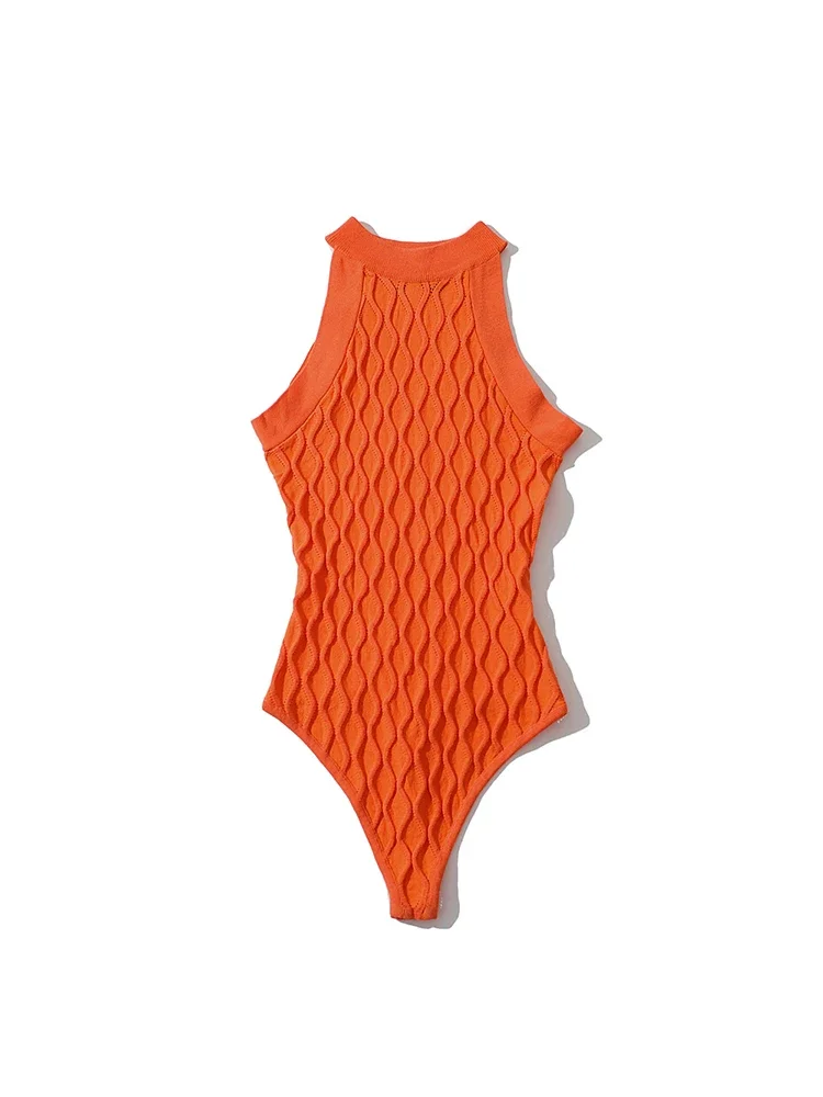 SheMujerSky 女性ノースリーブストライプニット弾性スリムボディスーツ夏 O ネック無地ボディスーツ