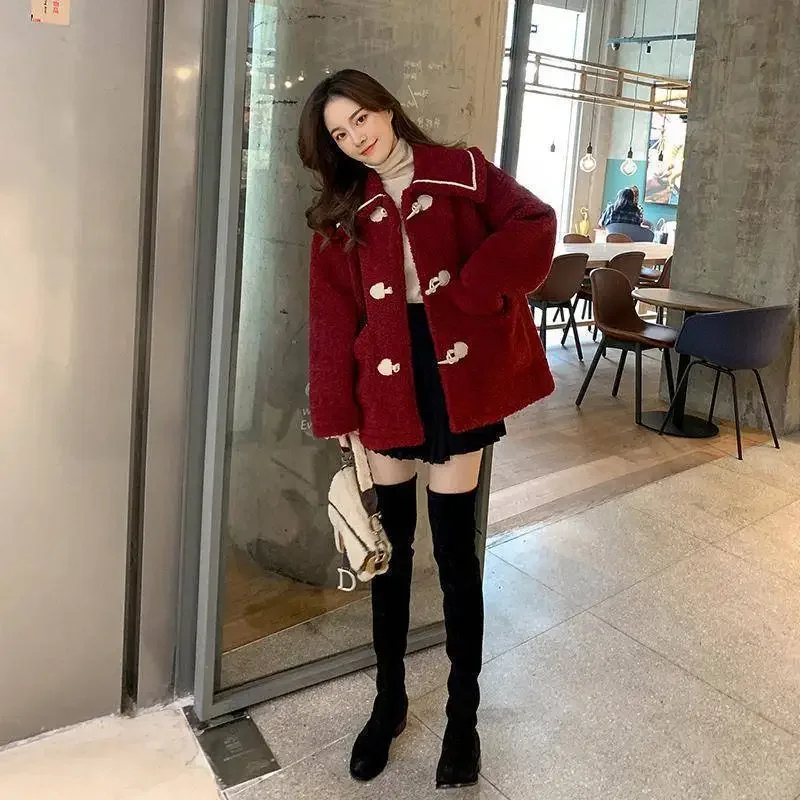 Woolen Women  Jacket Women Winter Coat Vintage Button Thick Chill Loose Fluffy 2024fashion