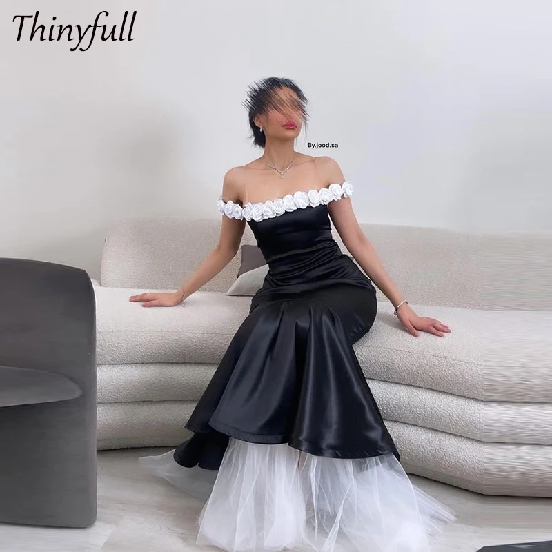 

Thinyfull 3D Flower Mermaid Arabia Prom Dresses Off Shoulder Satin/Tulle Dubai Evening Party Gown Outfit Special Occasion Dress