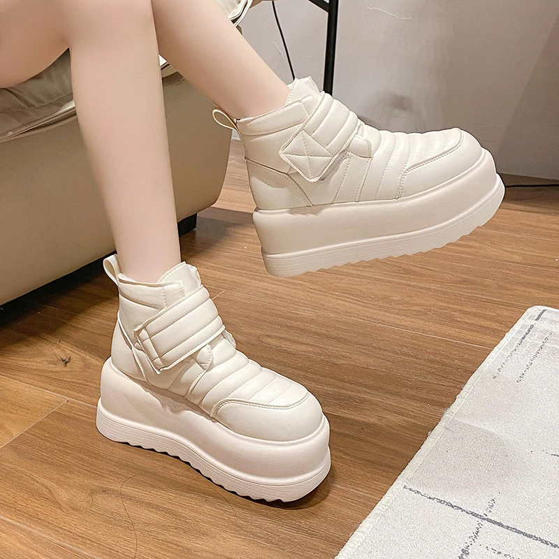 LazySeal Chunky Sole Platform Boots 8cm High Heel Sewing Snow Boots Warm Short Plush Lining Hook Loop Winter Heels Ankle Boot