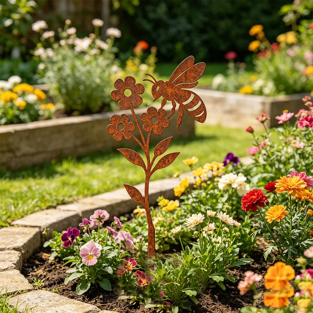 CIFBUY Metal Bee Flower Silhouette Garden Stake Rusty Style Lovely Lawn Art Decoration fHome Garden, Raised Bed Flower Planters
