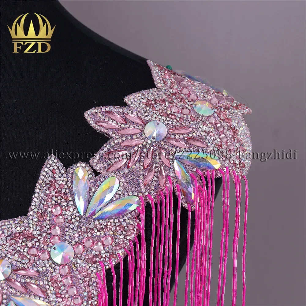 FZD 1 Piece Rose red tassel stripes Clothes Patches beads for Wedding Dresses DIY Decorative clothing patch DRA-328