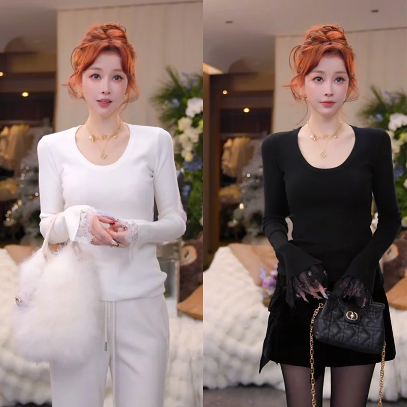 

Женская базовая кофта из смесовой шерсти с кружевными вставками, свободного кроя, для ношения как внутренняя или внешняя одежда, из полиэстера, акрила, нейлона и шерсти.