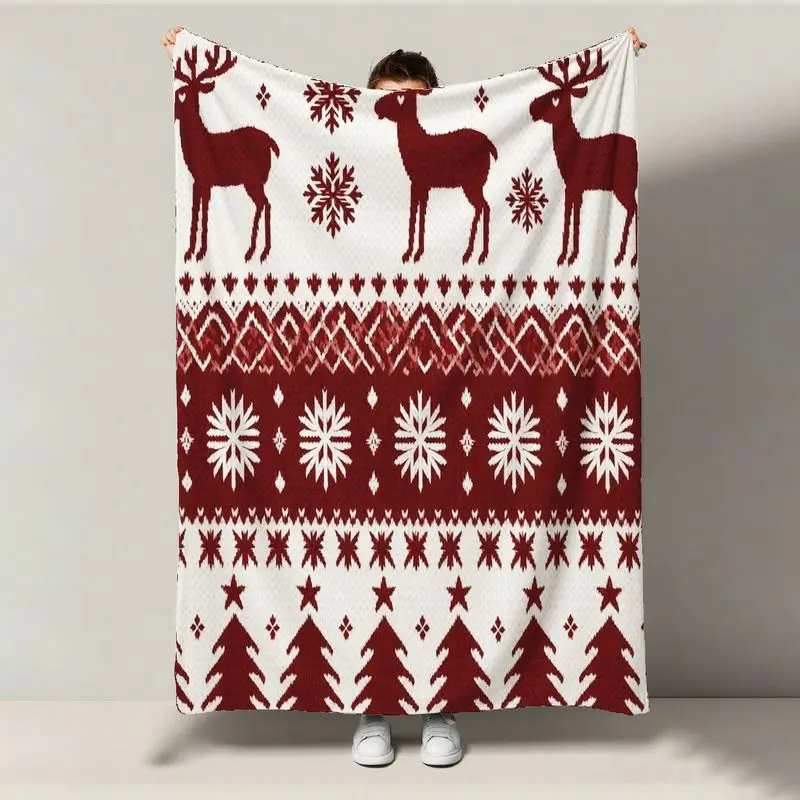 

1pc Luxury Plush Fleece Blanket - Burgundy/White/Black/Gray Reindeer, All-Season Kids/Adults Camping Gift