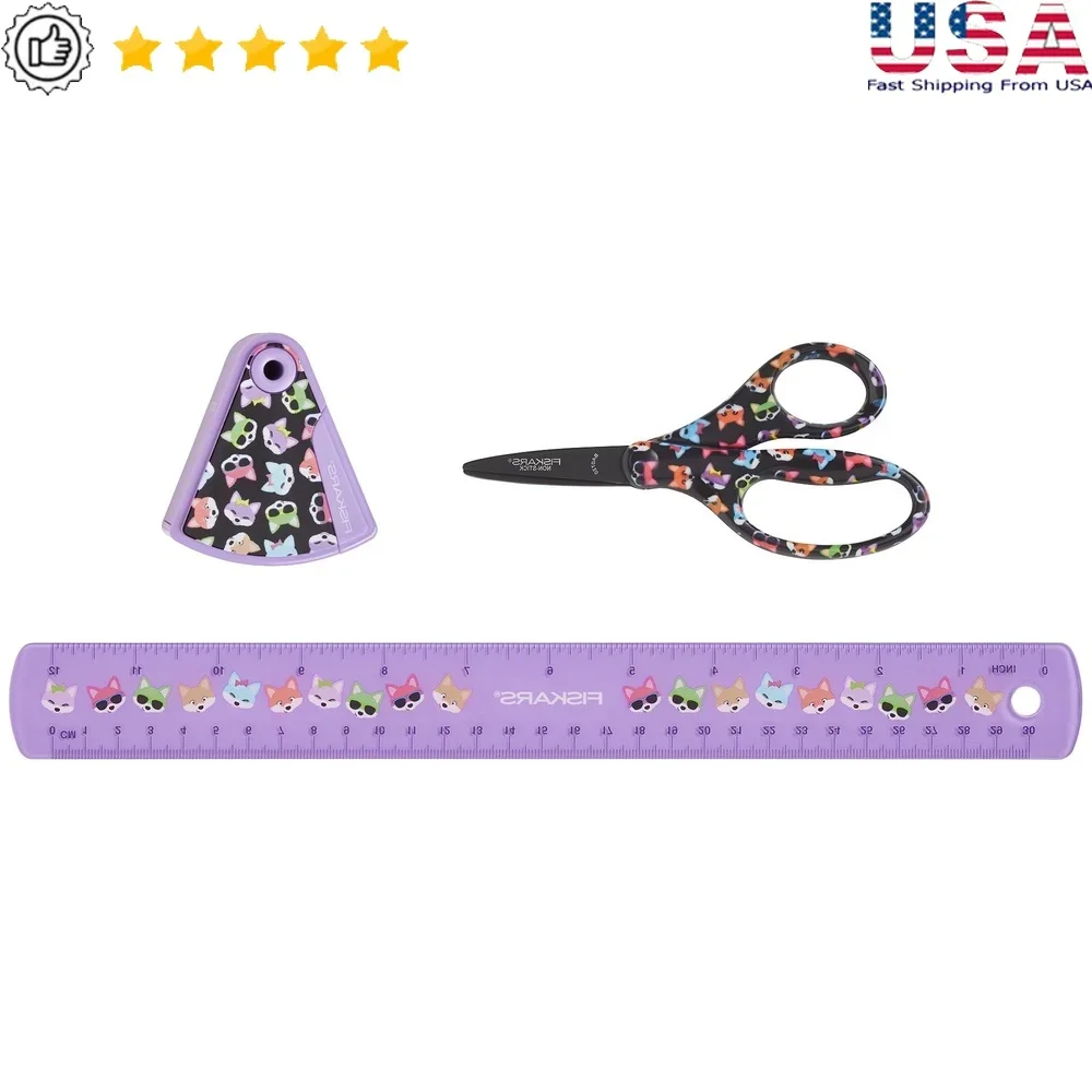 

3 Piece Kids Scissors Ruler Sharpener Set Classroom Essentials Non Stick Safety Blades Fun Fox Design Perfect Children