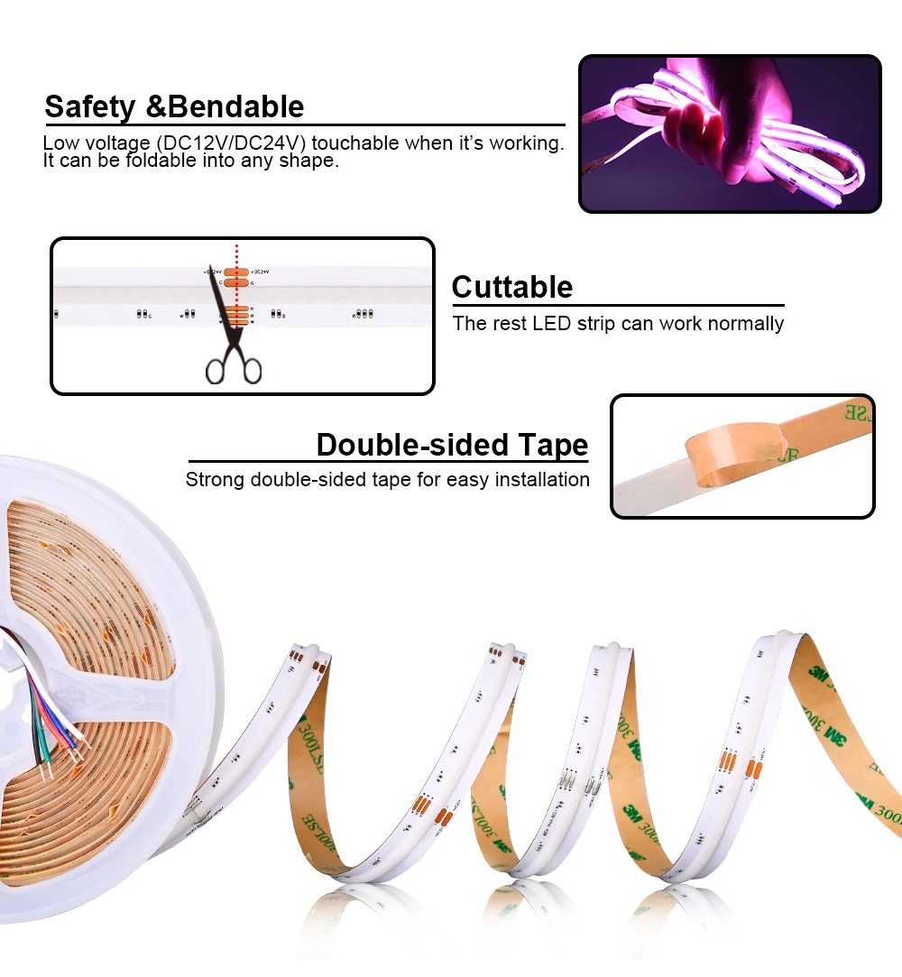 RGBW RGBCCT COB LED-Streifenlicht 896/960LEDs/m Flexibles, hochhelles, dimmbares LED-Band RA90 FCOB RGB+CCT Bandlicht DC12V 24V – Detail 8