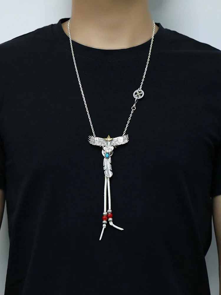 S925 Sterling Silver Necklace Mens Hip Hop Personality Eagle Sweater Chain Turquoise Pendant Feather Chain