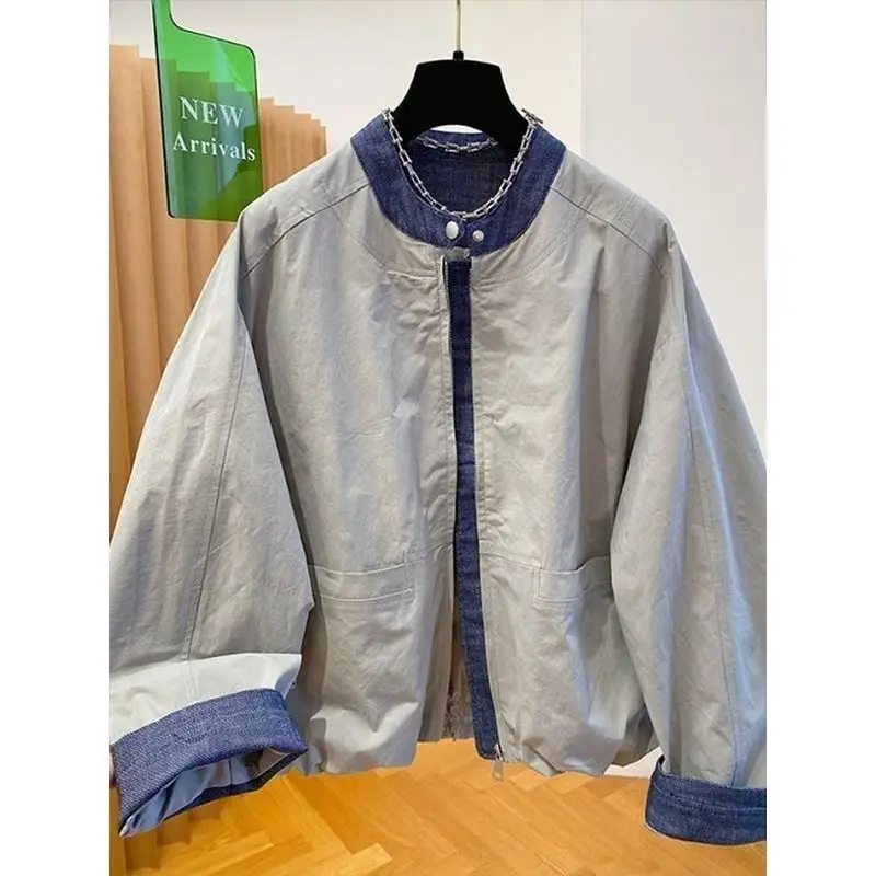 

2026 Spring Autumn Korean Style Denim Patchwork Short Jacket Women Stand Collar Baseball Jacket Female Outwear Casual Clothes