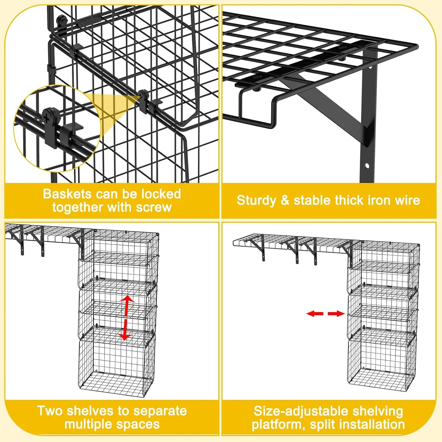 

Wall Mounted Garage Shelving with Wire Basket, Heavy Duty Garage Wall Mounted Shelving with Dividers, Wire Shelving Basket Tool