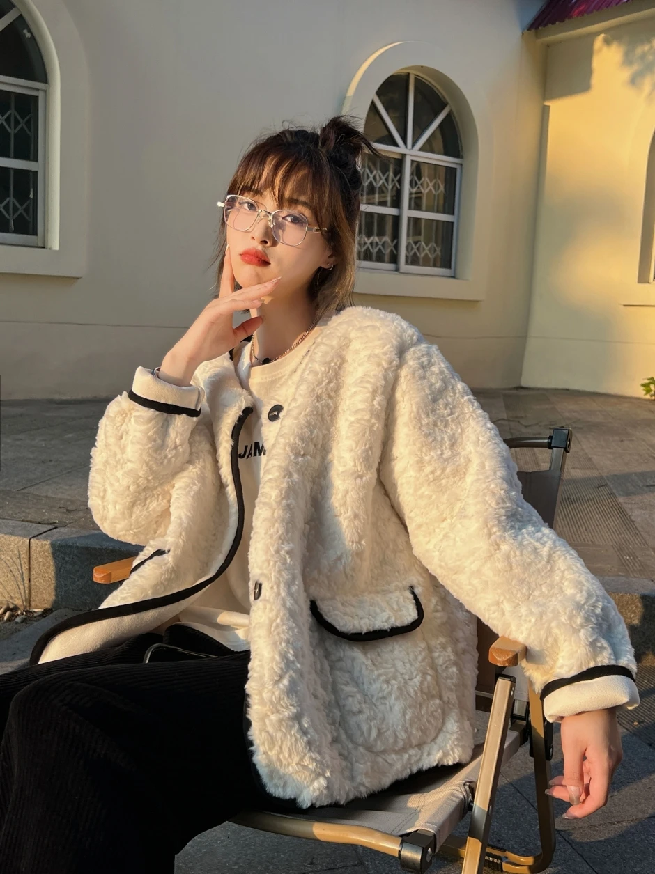 

Elegant Jackets Women Vintage Fax Fur Lamb Short Coats Autumn Winter Office Lady Korean Streetwear Fashion Outerwear Tops B73