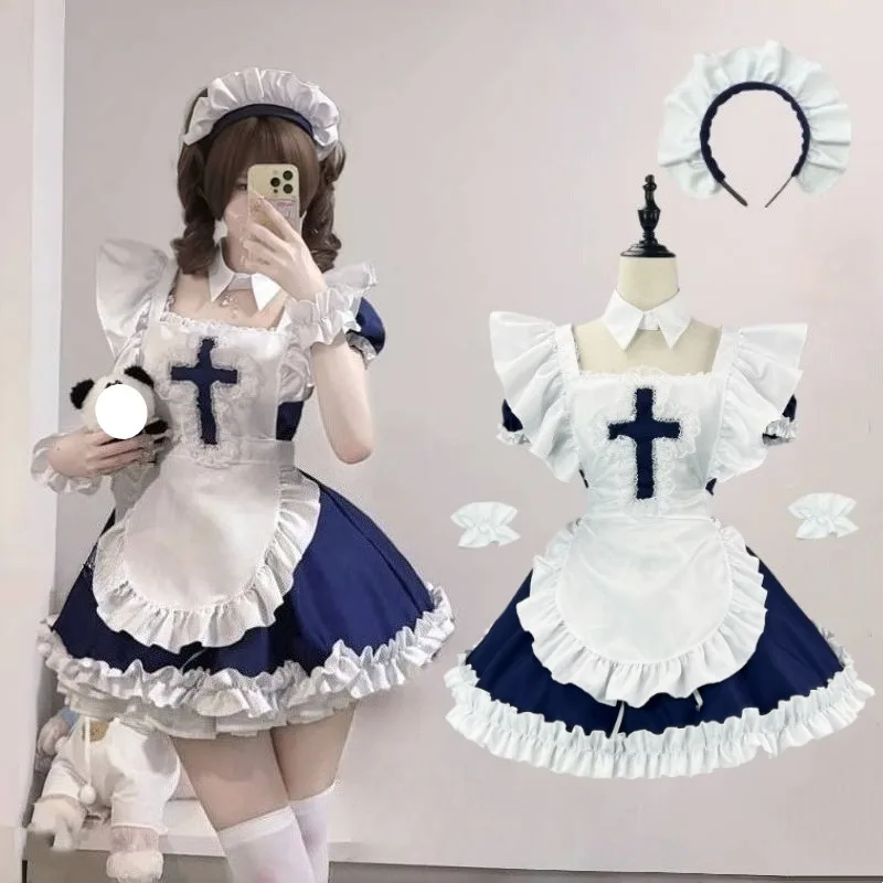 

2025 New Japanese Style Kawaii Short Sleeve Maid Dress Cosplay Cute Sweet Lolita Skirt Headwear Women Halloween Cross Plus Size