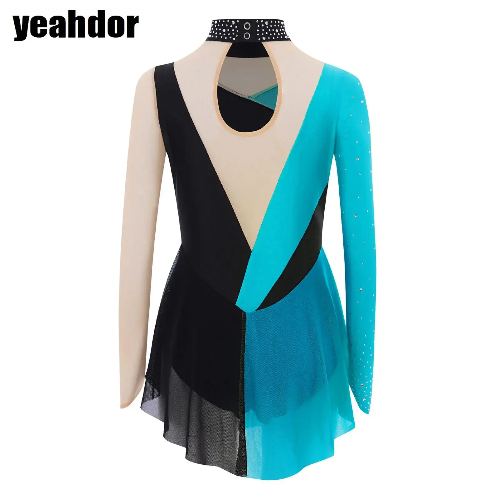 

Girls Gymnastics Ballet Leotard Sparkly Rhinestone Figure Skating Dance Bodysuit Long Sleeve Sheer Mesh Lyrical Artistic Costume