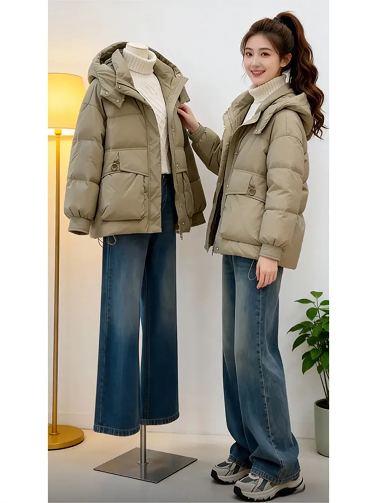 

Korean Sle Retro Khaki Hooded down Cotton Jaet Women Winter New Thiened Warm Loose Cotton Coat Zipper Closure Color