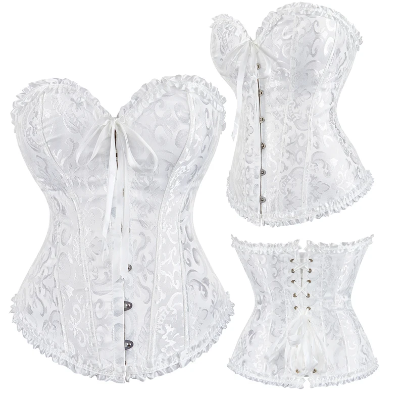 Jacquard Overbust Corset Floral Waist Bustier Top Basques Lace Up Corselet Body Shaper Korset