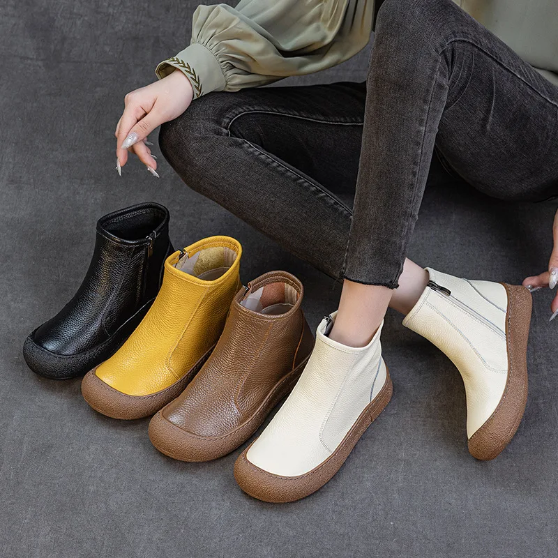 

Удобные теплые женские ботинки из мягкой шерсти на плоском каблуке, теплые женские ботинки из воловьей кожи с верхним слоем, 2022, одинарные ботинки с боковой молнией