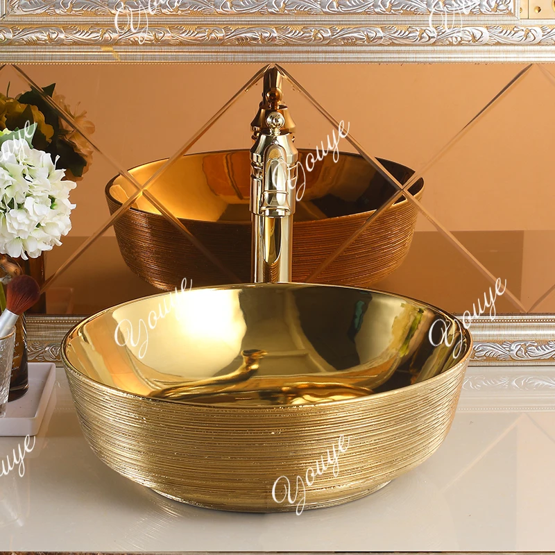 Okrągła ceramiczna umywalka w kolorze złotym, umywalka artystyczna, europejska umywalka łazienkowa, nowoczesna umywalka.