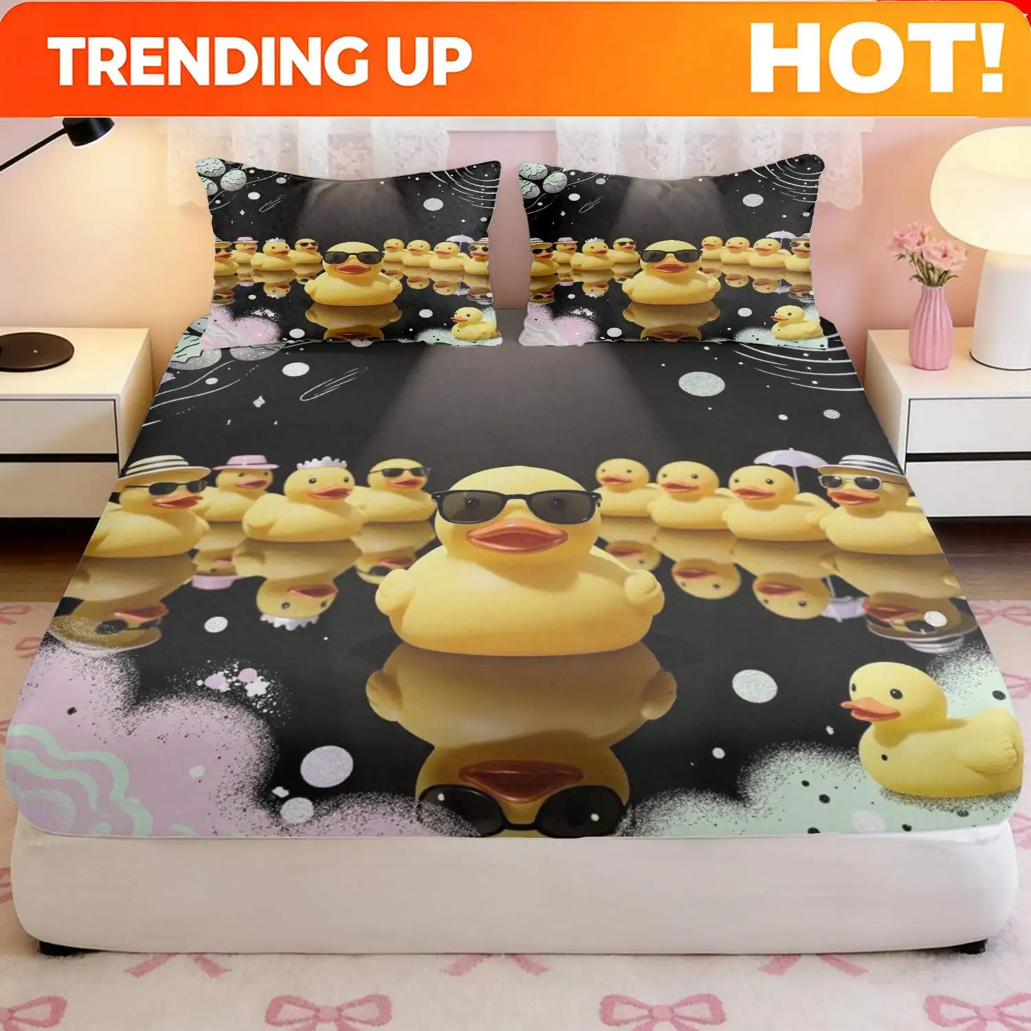 Customize 2/3pcs 2D Flat Printing Fitted Sheet * Cute Cartoon Style, Yellow Duck Theme Bedding, Bright Yellow Color, Adorable Du