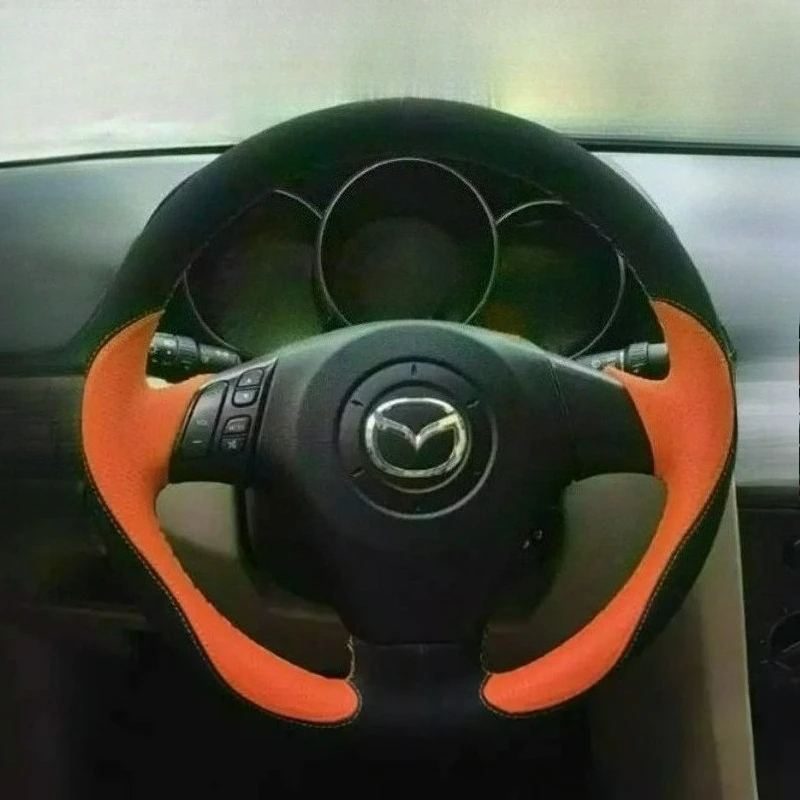 غطاء عجلة قيادة السيارة مصنوع يدويًا ومقاوم للاهتراء وغير قابل للانزلاق من الجلد الأسود لسيارة مازدا 6 ومازدا 3 ومازدا 5