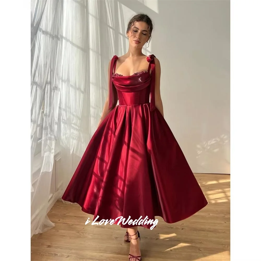 عنابي ترتر أشرطة على شكل فيونكة على شكل حرف a فساتين لحضور الحفلات الموسيقية من الساتان بدون أكمام بدون ظهر طول الشاي مطوي حسب الطلب #2