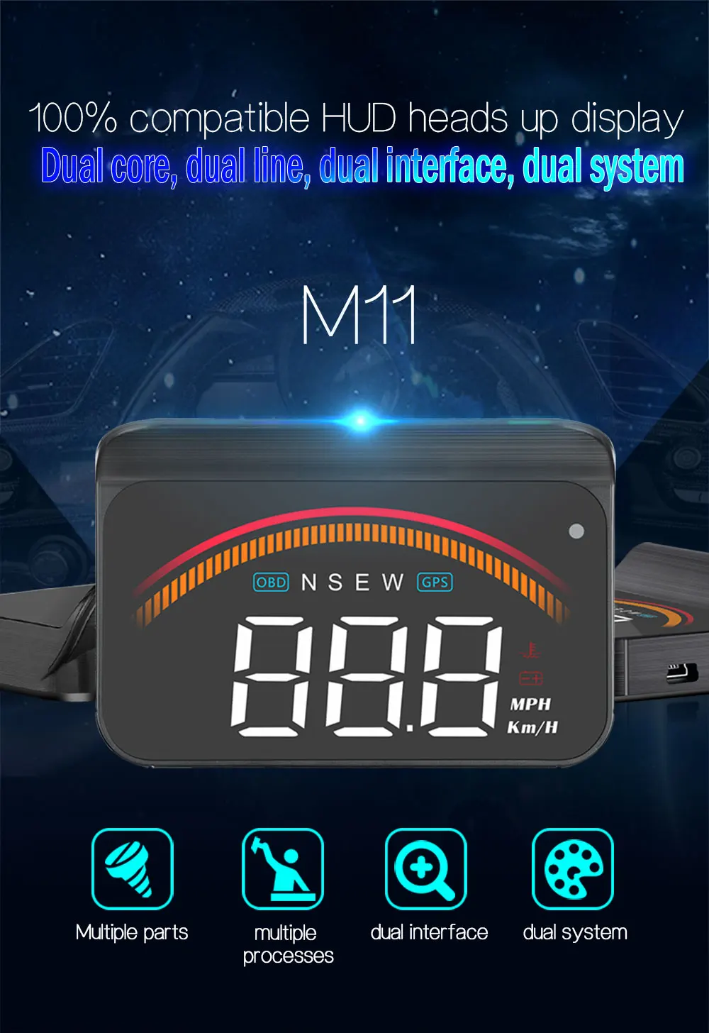 M11 HUD Auto Speedometer GPS OBD2 with Water Temperature Over-Speed Alarm 1 Year Warranty for All Cars Head-up Display