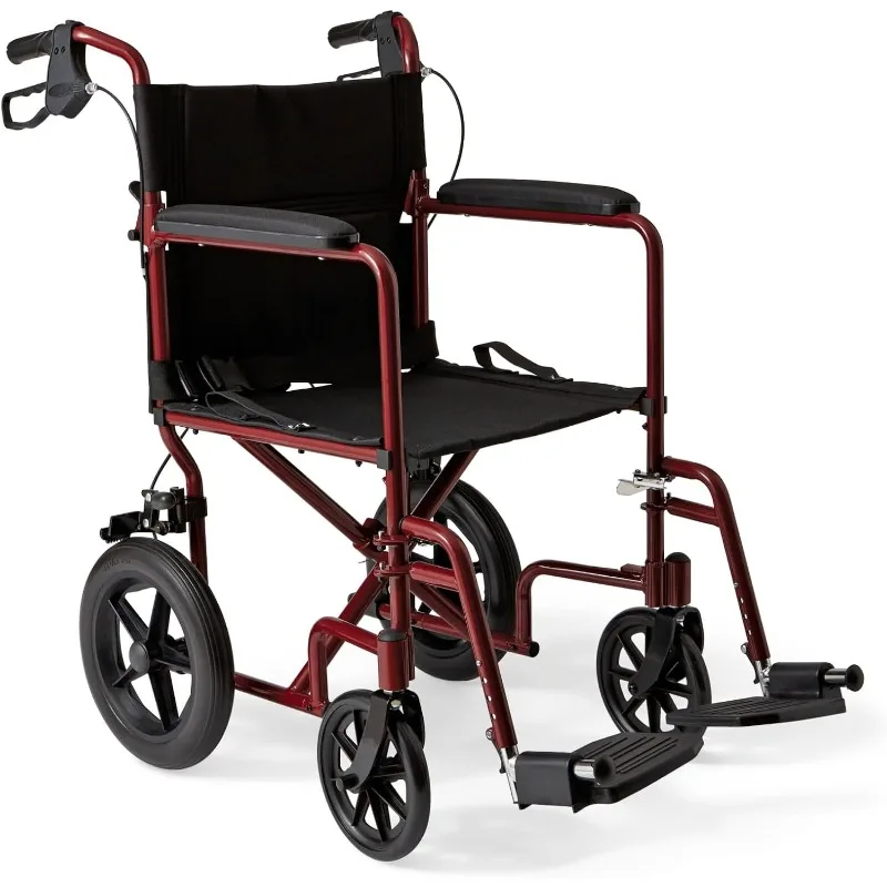 Medline Lightweight Foldable Transport Rolling Walker Chair with Handbrakes and 12-Inch Wheels, Red Frame, Black Upholstery