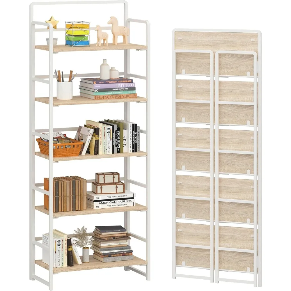 

4NM No-Assembly 5 Tiers Folding Bookshelf Storage Shelves Vintage Bookcase Standing Racks Study Organizer Home Office