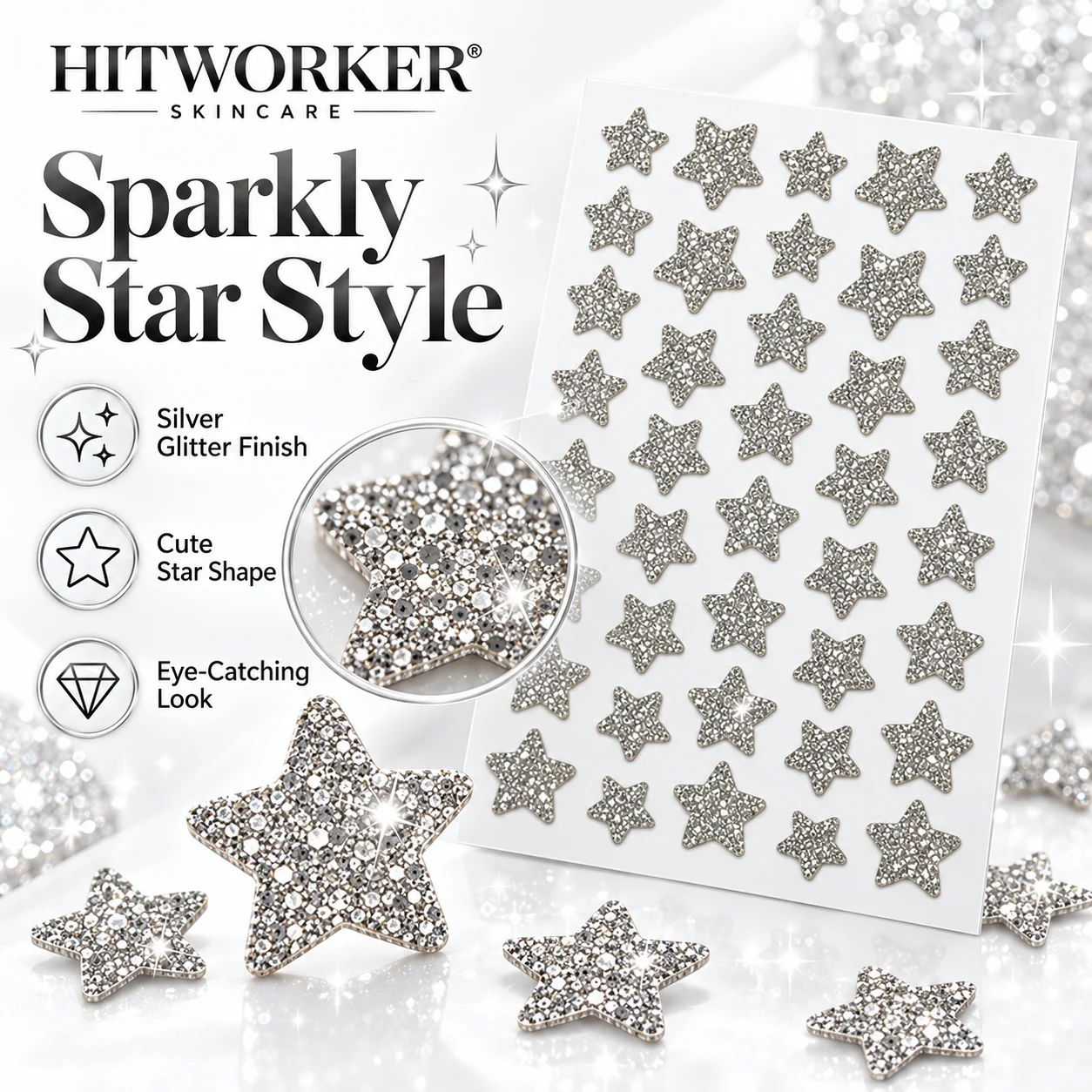 120PCS Star Pimple Patches, Silver Glitter Face Stickers, Cute Sparkly Star Patches for Women, Makeup and Daily Skincare