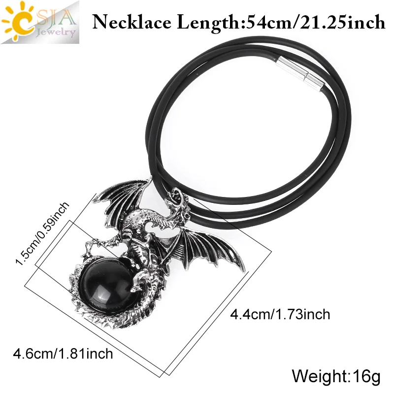 CSJA Vintage Wing Dragon Crystal Necklace for Men Women Natural Stone Round Gem Stone Crystals Obsidian Pendants Jewelry H146